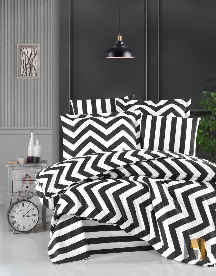 Duvet Cover Set Black & White Zigzag Pattern Ranforce Selonya