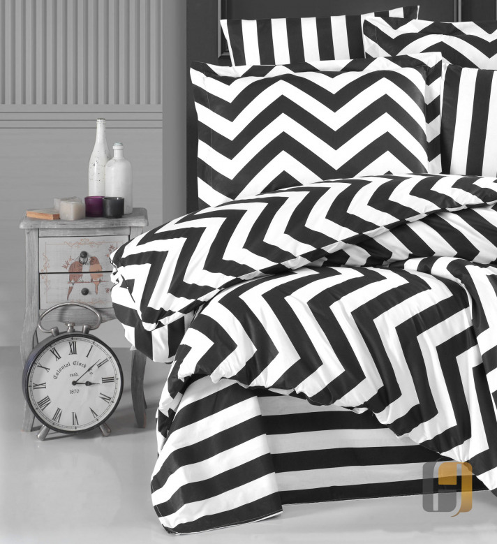 Duvet Cover Set Black & White Zigzag Pattern Ranforce Selonya